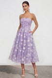 Strapless Floral Blue A Line Wedding Guest Dress