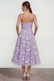Strapless Floral Blue A Line Wedding Guest Dress