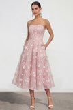 Strapless Floral Blue A Line Wedding Guest Dress