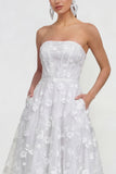 Strapless Floral Blue A Line Wedding Guest Dress