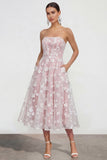 Strapless Floral Blue A Line Wedding Guest Dress