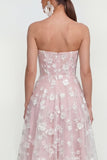 Strapless Floral Blue A Line Wedding Guest Dress