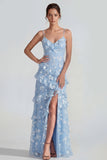 Blue Floral A Line Ruffled Maxi Wedding Guest Dress