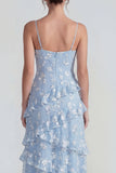 Blue Floral A Line Ruffled Maxi Wedding Guest Dress