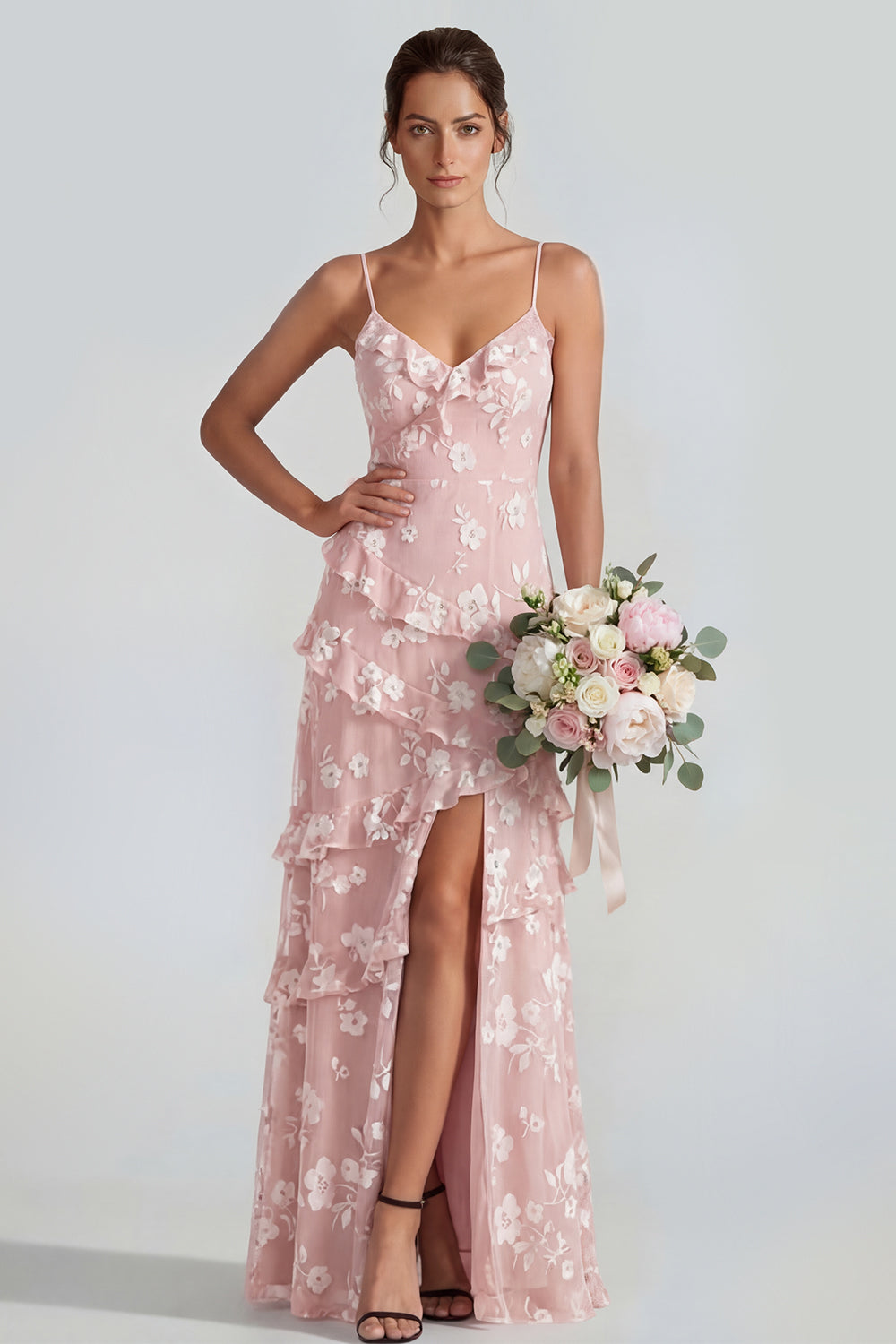 floral maxi wedding guest dress Leely Women Floral Sage Mermaid Maxi Wedding Guest Dress with Cape Satin Bateau Neck Bridesmaid Dress