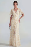 Floral Mermaid Ruched Short Sleeve Apricot Wedding Guest Dress