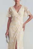 Floral Mermaid Ruched Short Sleeve Apricot Wedding Guest Dress