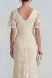 Floral Mermaid Ruched Short Sleeve Apricot Wedding Guest Dress