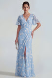 Floral Mermaid Ruched Short Sleeve Apricot Wedding Guest Dress
