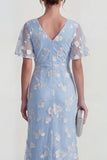 Floral Mermaid Ruched Short Sleeve Apricot Wedding Guest Dress