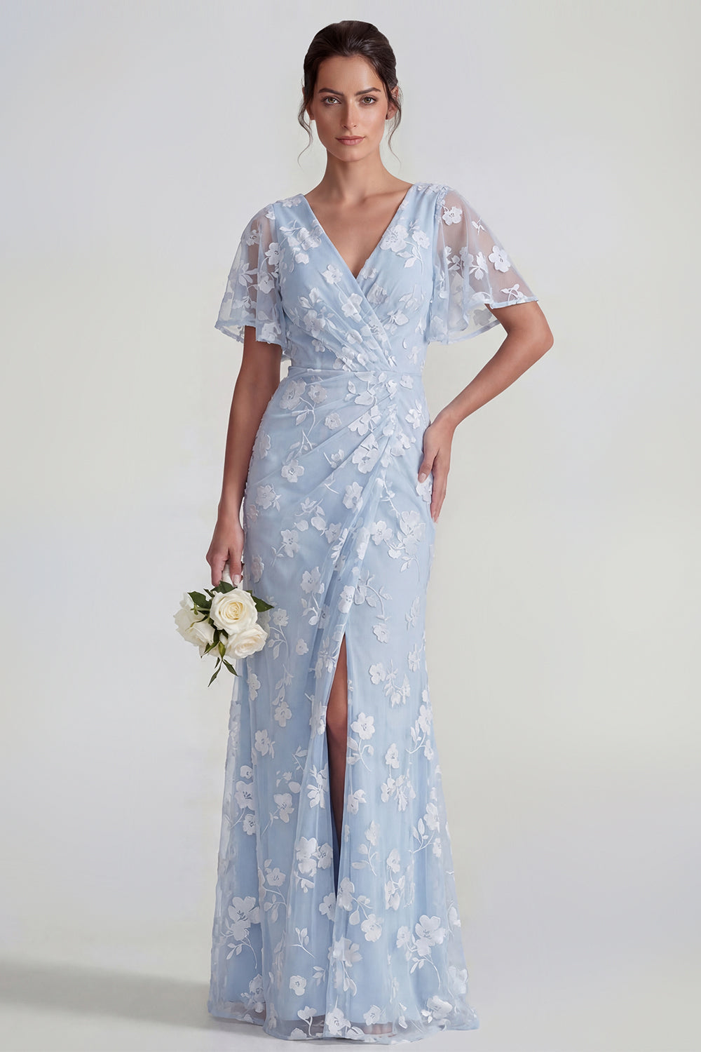 short sleeve wedding guest dress fall Mac Duggal Floral-Print Wedding-Guest Dress 11614 Blue Multi / 0
