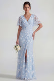 Floral Mermaid Ruched Short Sleeve Apricot Wedding Guest Dress