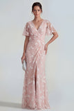 Floral Mermaid Ruched Short Sleeve Apricot Wedding Guest Dress