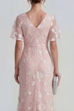 Floral Mermaid Ruched Short Sleeve Apricot Wedding Guest Dress