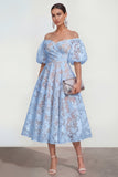 Floral Pink Off the Shoulder A Line Midi Wedding Guest Dress