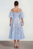 Floral Pink Off the Shoulder A Line Midi Wedding Guest Dress