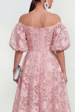 Floral Pink Off the Shoulder A Line Midi Wedding Guest Dress