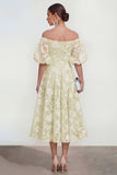Floral Pink Off the Shoulder A Line Midi Wedding Guest Dress