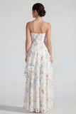 A Line Ruched White Floral Ruffled Maxi Wedding Guest Dress