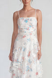 A Line Ruched White Floral Ruffled Maxi Wedding Guest Dress