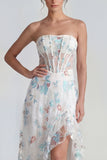 Strapless A Line White Floral Corset Wedding Guest Dress