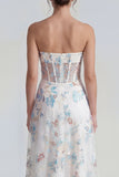 Strapless A Line White Floral Corset Wedding Guest Dress
