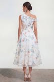 Asymmetrical Neck A Line White Floral Wedding Guest Dress