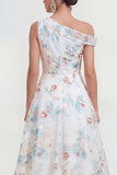Asymmetrical Neck A Line White Floral Wedding Guest Dress