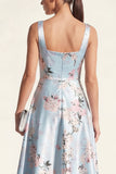 Pink Printed Satin A Line Midi Wedding Guest Dress