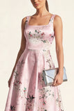Pink Printed Satin A Line Midi Wedding Guest Dress