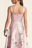 Pink Printed Satin A Line Midi Wedding Guest Dress