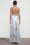 Floral Blue A Line Satin Ruffled Wedding Guest Dress