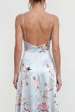 Floral Blue A Line Satin Ruffled Wedding Guest Dress