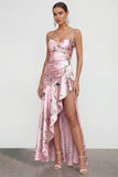 Floral Blue A Line Satin Ruffled Wedding Guest Dress