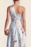 One Shoulder Ruched A Line Pink Printed Wedding Guest Dress