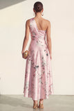 One Shoulder Ruched A Line Pink Printed Wedding Guest Dress