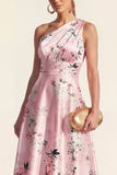 One Shoulder Ruched A Line Pink Printed Wedding Guest Dress
