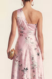 One Shoulder Ruched A Line Pink Printed Wedding Guest Dress