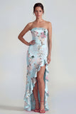 Strapless Floral Blue Mermaid Ruffled Wedding Guest Dress