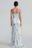 Strapless Floral Blue Mermaid Ruffled Wedding Guest Dress