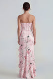 Strapless Floral Blue Mermaid Ruffled Wedding Guest Dress