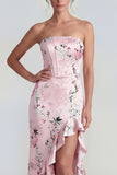 Strapless Floral Blue Mermaid Ruffled Wedding Guest Dress