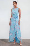 Blue Floral Ruffled Wedding Guest Dress with 3D Flowers