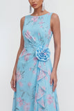 Blue Floral Ruffled Wedding Guest Dress with 3D Flowers
