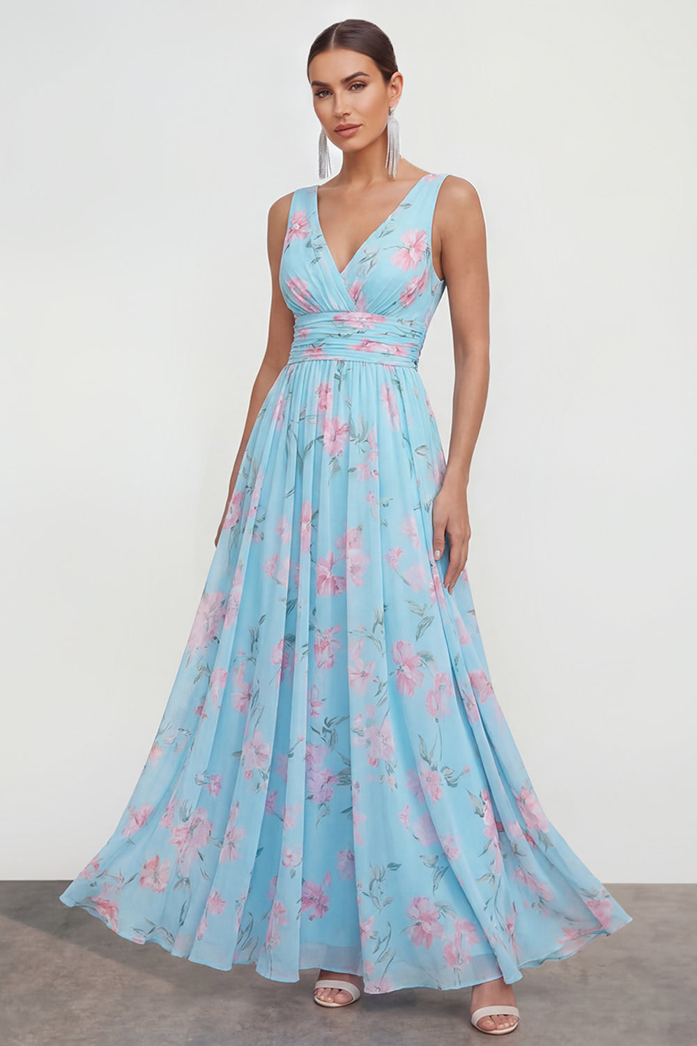 Wedtrend Women Floral Blue Wedding Guest Dress A Line V Neck Pleated Sleeveless Summer Dress, Blue Pink Flower / US16