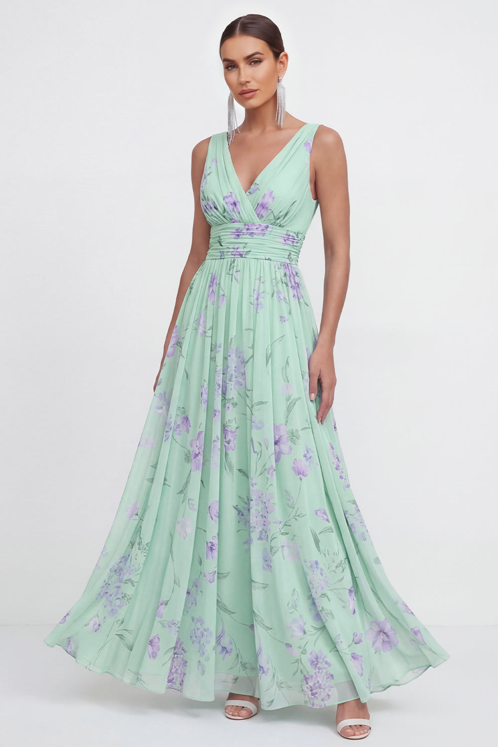 Wedtrend Women Floral Blue Wedding Guest Dress A Line V Neck Pleated Sleeveless Summer Dress, Green Purple Flower / US16