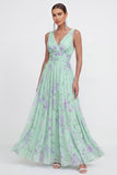Floral A Line V Neck Sleeveless Blue Wedding Guest Dress