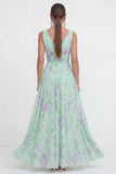 Floral A Line V Neck Sleeveless Blue Wedding Guest Dress