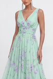 Floral A Line V Neck Sleeveless Blue Wedding Guest Dress