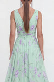 Floral A Line V Neck Sleeveless Blue Wedding Guest Dress